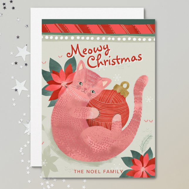 Illustration de Noël en chat rose Carte de vacance (Créateur téléchargé)