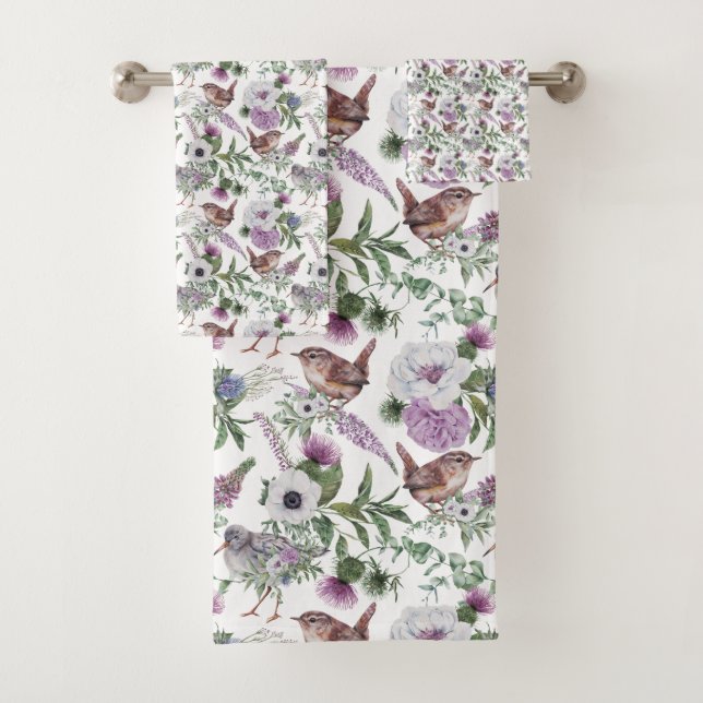 Illustration de pinsons floraux violets et verts (En situation)