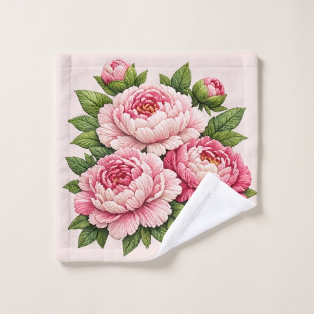 Illustration de pivoines brodées en 3D (Gant de toilette)