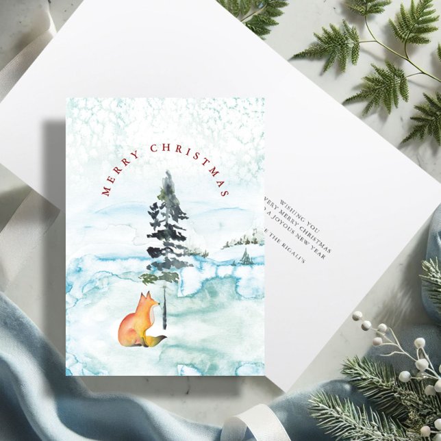 Illustration de renard à l'aquarelle pour carte de (Merry Christmas wishes watercolor fox holiday card with unique art by Victoria Grigaliunas)