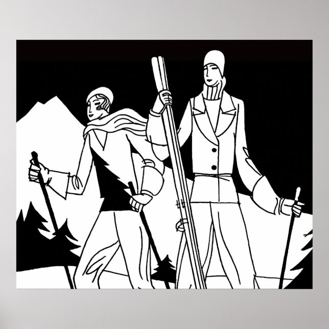 Illustration de skieurs vintage Art Déco Ski Coupl (Devant)