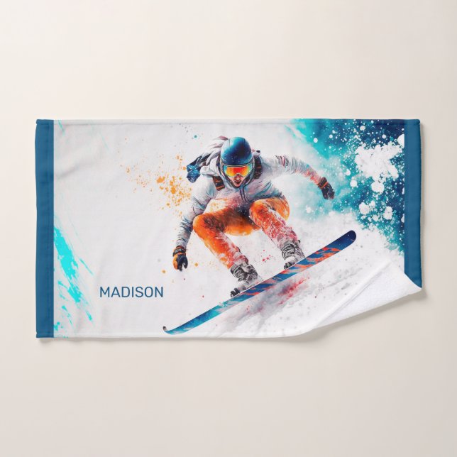 Illustration de snowboarder de nom personnalisé (Serviette à main)