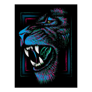 Illustration de tête de lion bleu rose - Poster de