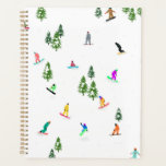Illustration du snowboard des Snowboarders<br><div class="desc">Illustration fantaisiste cool de snowboarders colorés,  snowboard downhill dans les montagnes entre pins,  épinettes et pins sur la neige fraîche en poudre. Le snowboard et le sport de plein air de Noël dans une forêt d'hiver. Cadeaux de snowboard. Design de snowboard pour lui</div>