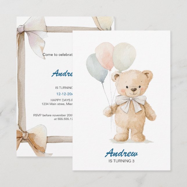 Illustration d'un bébé ours Invitation d'anniversa (Devant / Derrière)