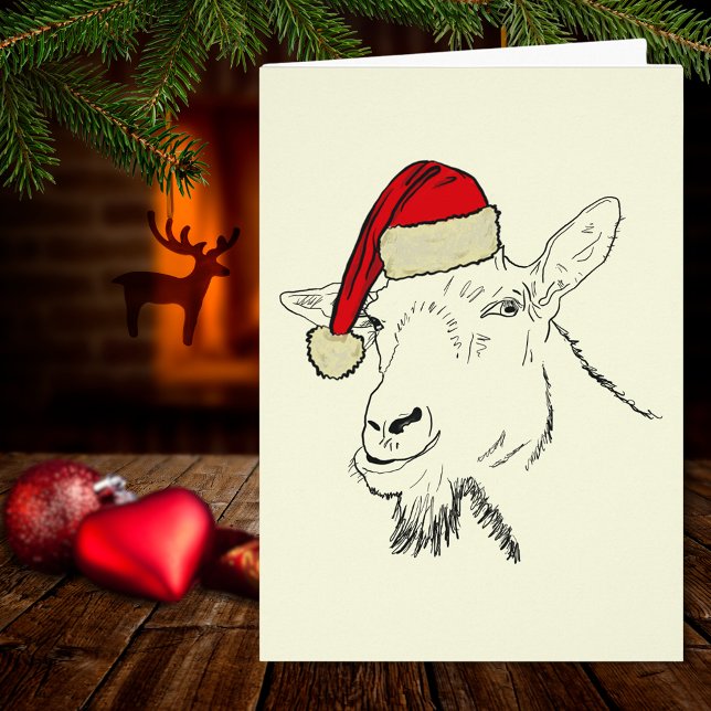 Illustration d'une chèvre portant un chapeau de Pè (Christmas goat wearing a santa hat simple farm animal drawing holiday greetings card)