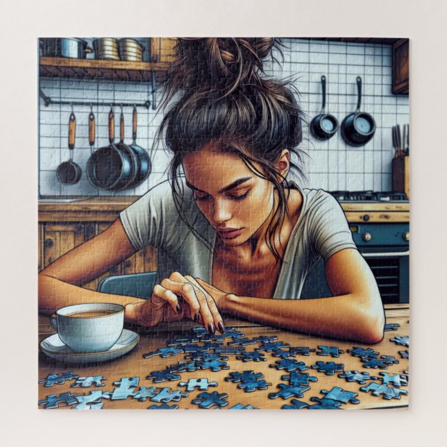 Illustration d'une femme faisant un puzzle (Vertical)