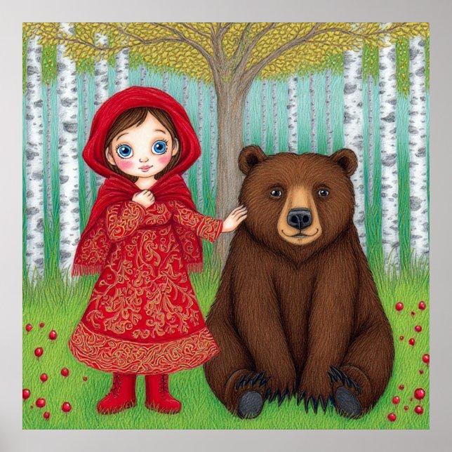 🌲 Illustration Fille Et Ours Forêt Art Mural Pour (Devant)