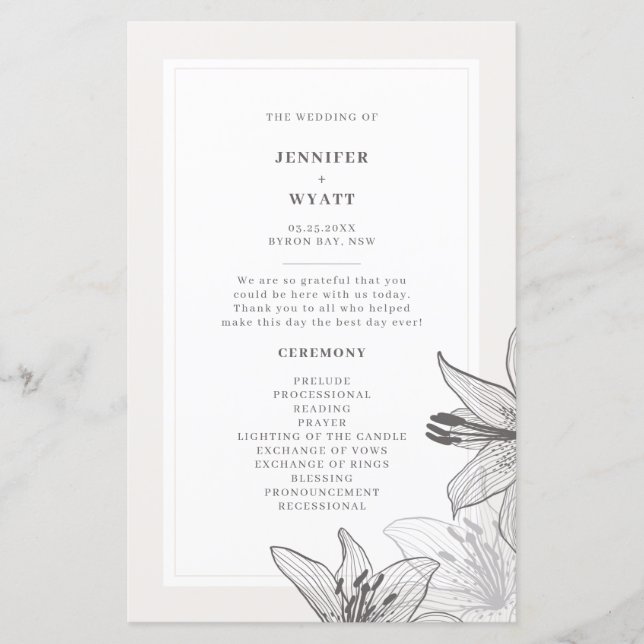 Illustration Floral Lys Programmes de mariage (Devant)