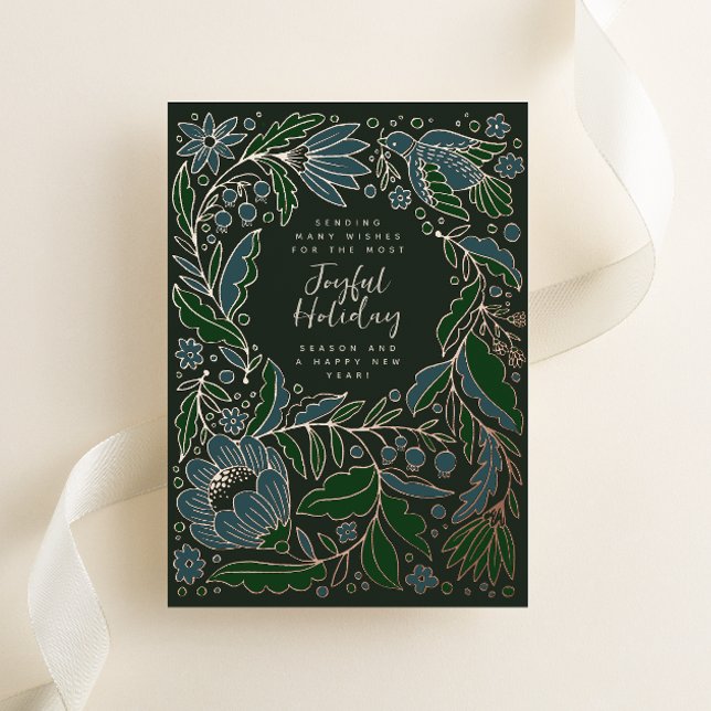Illustration folk de vacances Joyful vert foncé (Folk art style flowers, vines and a peace dove shine on this green festive non-photo Christmas card)