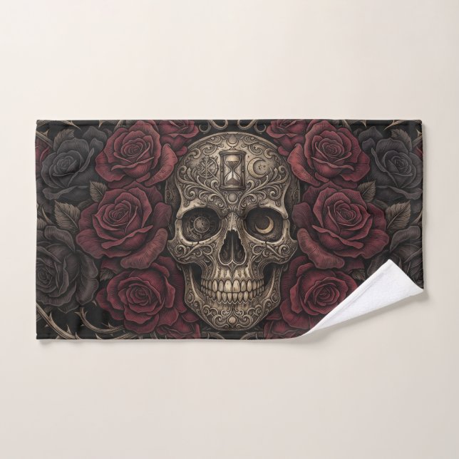 Illustration gothique de crâne complexe et de rose (Serviette à main)