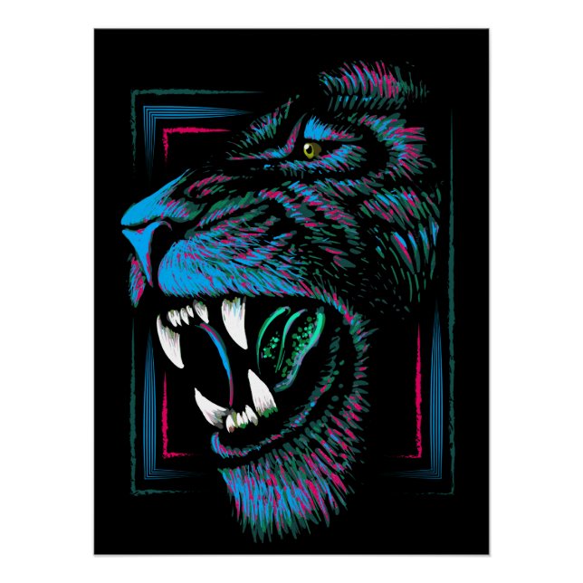 Illustration Lion bleu rose - Poster Lion brillant (Devant)