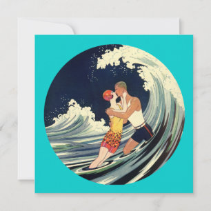Illustration vintage d'amants surfeurs s'embrassan