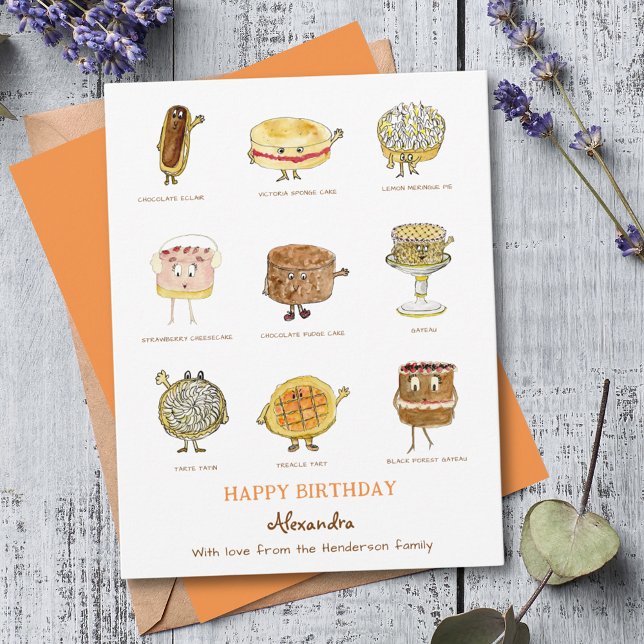 Illustrations de gâteaux mignons pour un joyeux an (Funny cake cartoon baking happy birthday personalized greetings card)