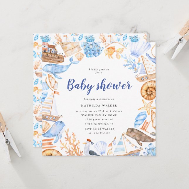 illustrations de plage nautique Invitation baby sh (Devant/Arrière en situation)