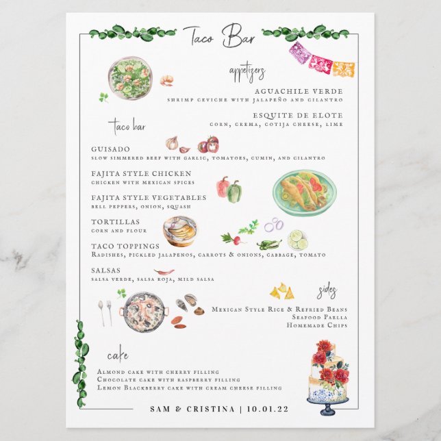 Illustré sur mesure | Menu de mariage de bar à tac (Devant)
