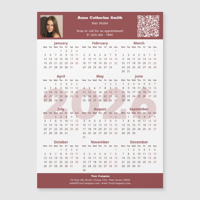 Image QR-code Burgundy White 2026 Calendar Magnet (Devant)