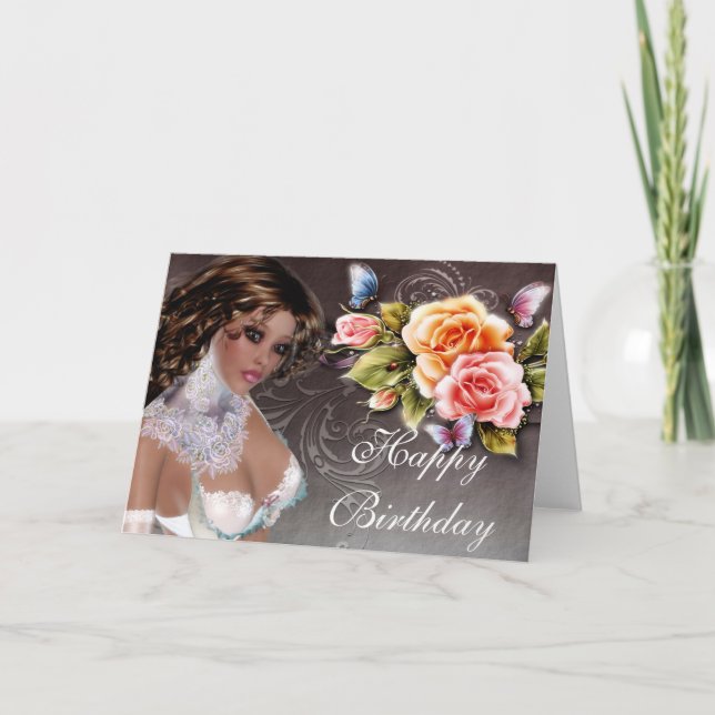 Imaginaire Brunette avec carte d'anniversaire Rose (Devant)