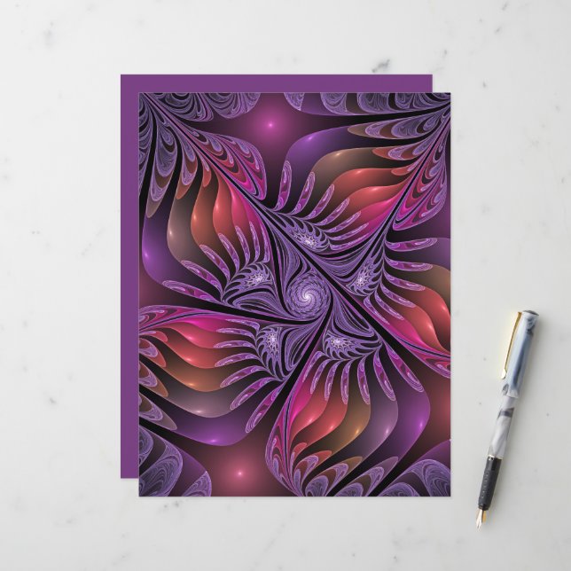 Imaginaire coloré Abstrait Trippy Violet Fractal (Devant/Arrière en situation)