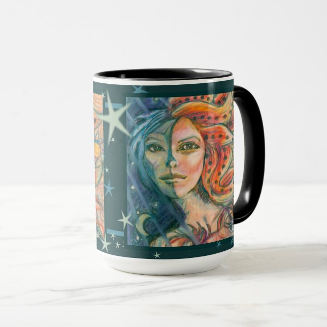 Imaginaire déesse Mug avec Lune Soleil et étoiles (Devant droit)