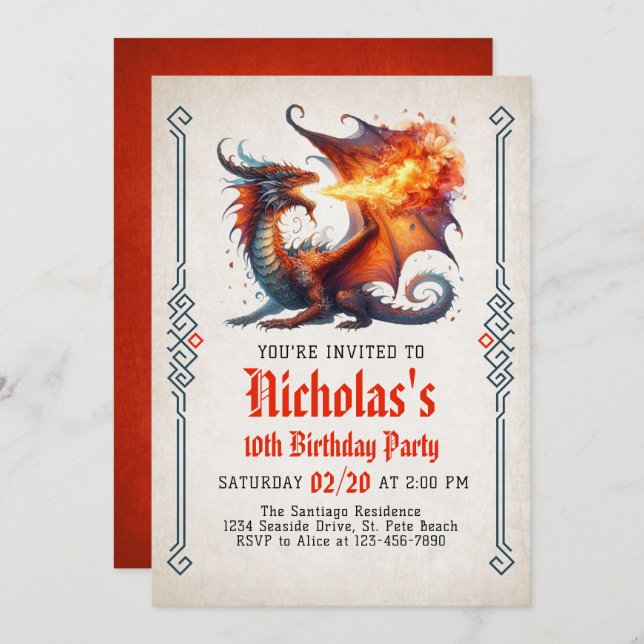 Imaginaire d'incendie de dragon Invitation d'anniv (Devant / Derrière)