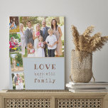 Imitation Canevas 5 Photo Collage Love Happiness Family Blue Spice<br><div class="desc">Toile photo personnalisée avec 5 de vos propres photos. Le design a une palette de couleurs de bleu doux avec épices chaudes et beige champignon avec style de machine à écrire tendance et typographie décalée. Vos photos sont présentées comme un grand paysage, recouvert d'une bande photo de 4 portraits. Les...</div>