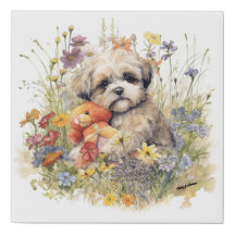Aquarelle florale Shih Tzu embrassant un ours en p