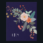 Imitation Canevas Monogramme Botanique<br><div class="desc">Un spray coloré de fleurs botaniques graphiques décorent cette fausse toile et il peut être personnalisé avec trois initiales monogrammes. L'arrière - plan est un bleu marine riche.</div>