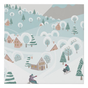 Imitation Canevas Paysage hivernal avec neige, arbres et enfants 
