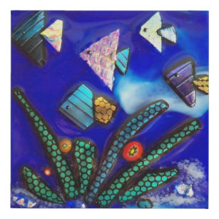 Imitation Canevas Poisson Tropical Blue Fused Glass Tile Whimsical A