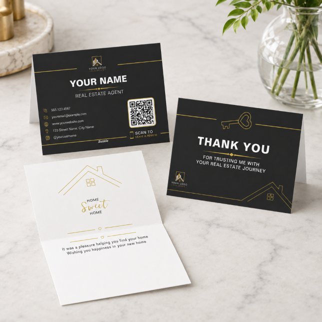 Immobilier Or Noir Luxe Merci (Luxury Real Estate Thank You Card with QR Code | Black Gold Realtor Design)