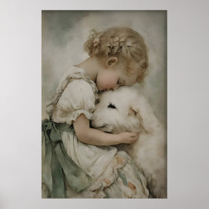 Impression antique d'une fille et d'un chien, vert
