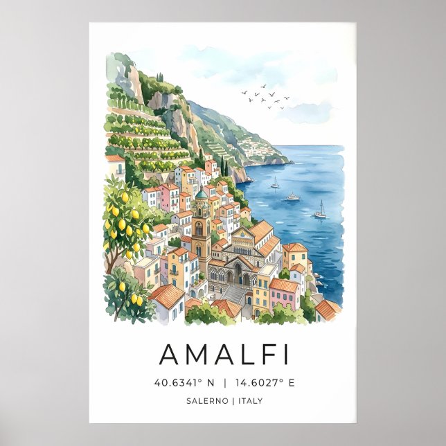 Impression aquarelle de la côte d'Amalfi Mer turqu (Devant)