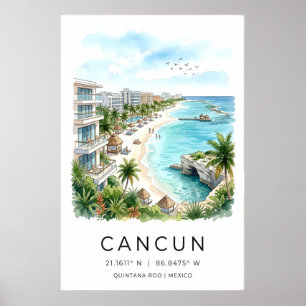 Impression aquarelle de la plage de Cancun, palmie