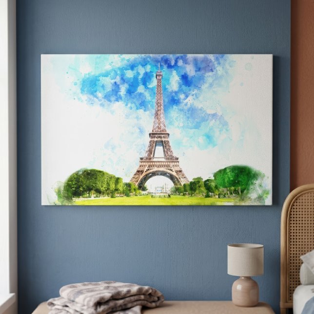 Impression aquarelle de la Tour Eiffel sur fond de (Eiffel Tower Watercolor Paris Skyline Art Print. Canvas Print)