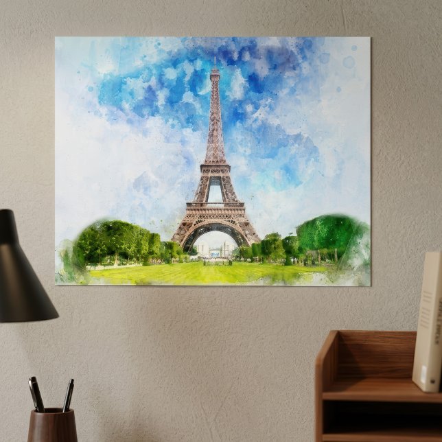 Impression aquarelle de la Tour Eiffel sur fond de (Eiffel Tower Watercolor Paris Skyline Art Print. Poster)