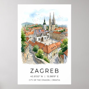 Impression aquarelle de la ville de Zagreb, flèche