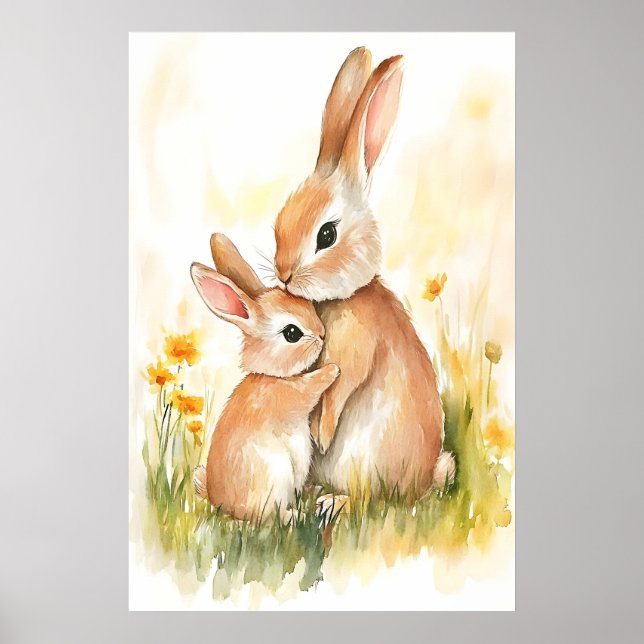 Impression aquarelle de lapin, maman et enfant, mu (Devant)