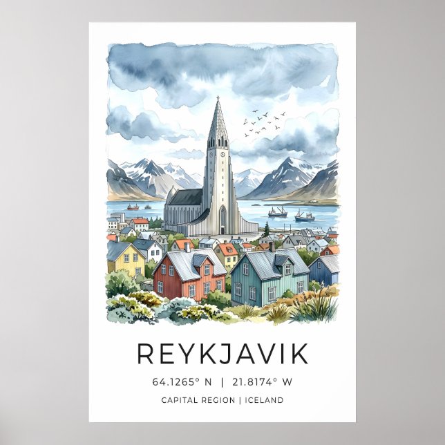 Impression aquarelle de Reykjavik, Hallgrímskirkja (Devant)