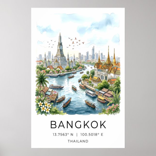 Impression aquarelle de voyage, Skyline de Bangkok (Devant)