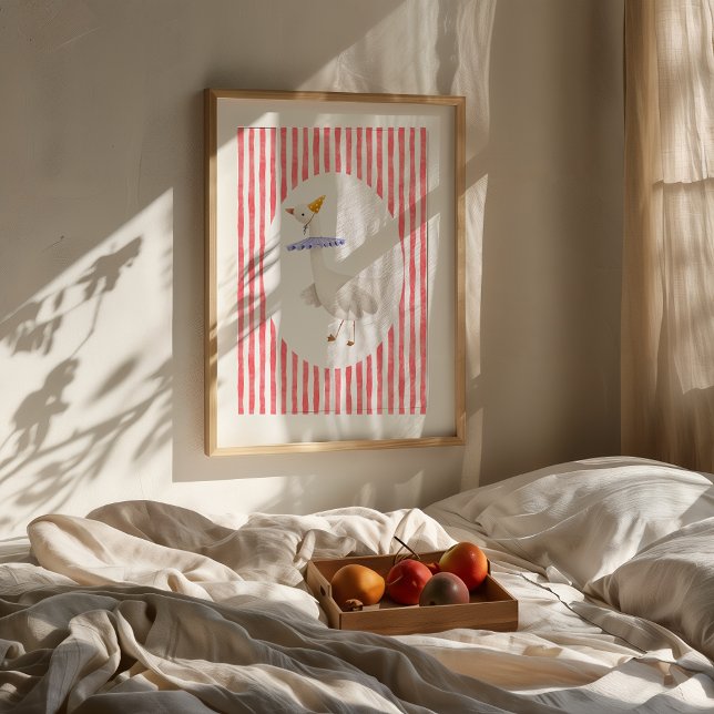 Impression aquarelle d'une drôle de petite oie (Framed Funny Silly Goose watercolor nursery print on wall above bed with fruit tray.)