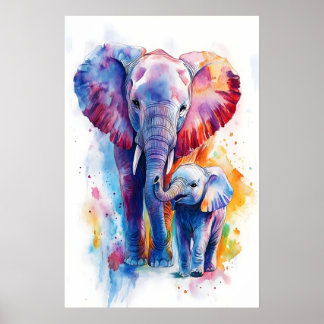 Impression aquarelle Maman Éléphant et Bébé, Nurse