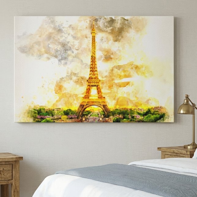 Impression artistique aquarelle du coucher de sole (Paris Eiffel Tower Watercolor Sunset Art Print. Canvas Print)