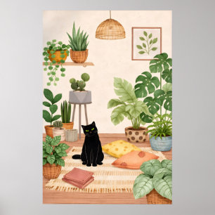 Impression botanique de chat noir, mur de plantes