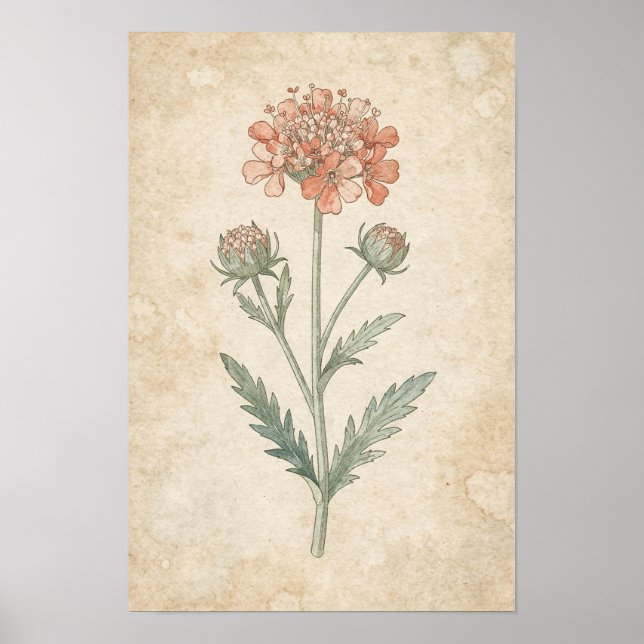 Impression botanique de Scabiosa | Étude de fleur  (Devant)