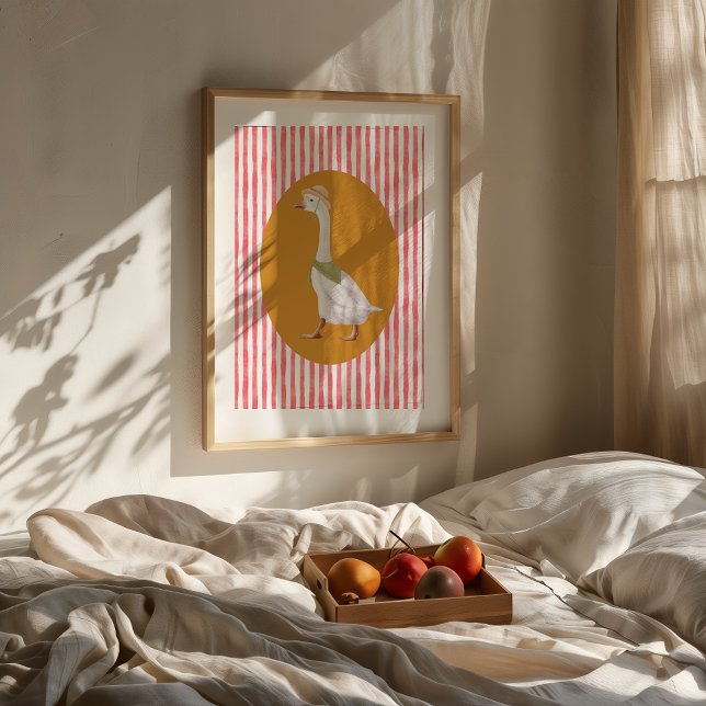 Impression d'art à rayures rouges de l'oie idiote (Framed Funny Silly Goose watercolor nursery print on wall above bed with fruit tray.)