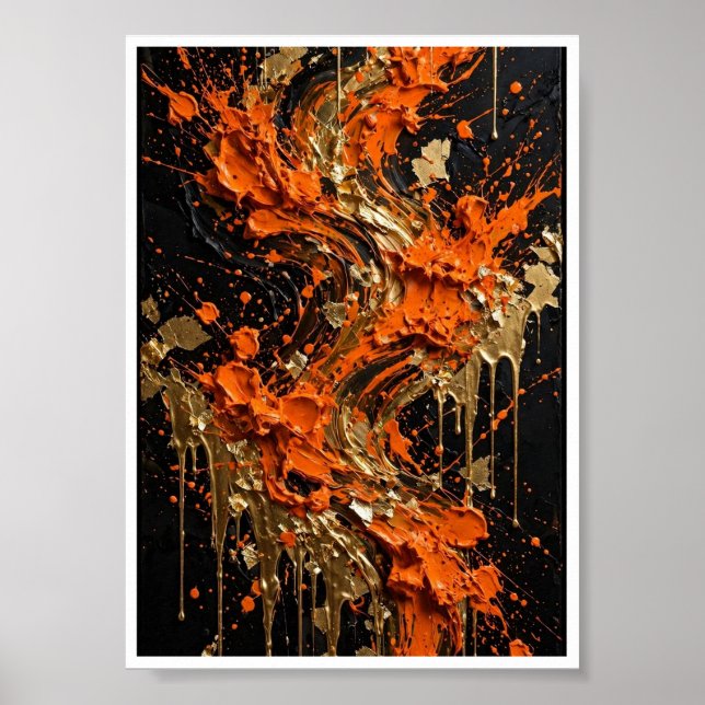 Impression d'art abstrait Orange Noir Or Feu (Devant)
