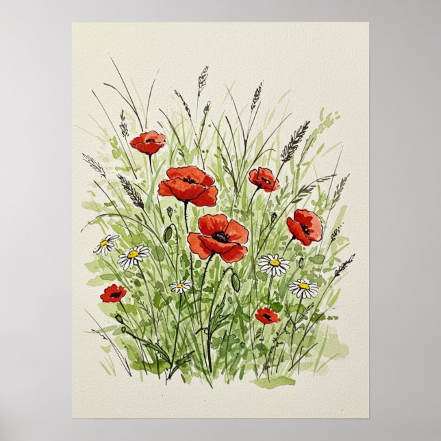 Impression d'art aquarelle de coquelicots et de ma (Devant)