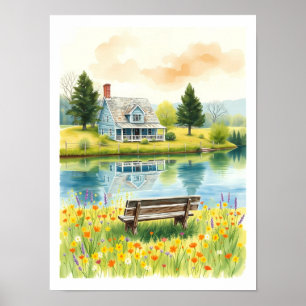Impression d'art aquarelle de cottage au bord du l