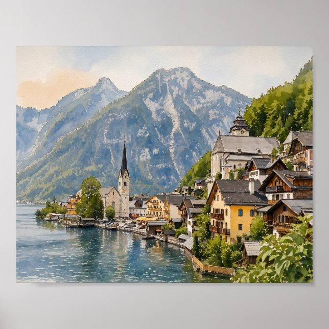 Impression d'art aquarelle de Hallstatt Autriche (Devant)